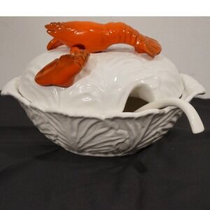 Vintage Ceramic Cabbage Soup Tureen Ladle Lobster Lid